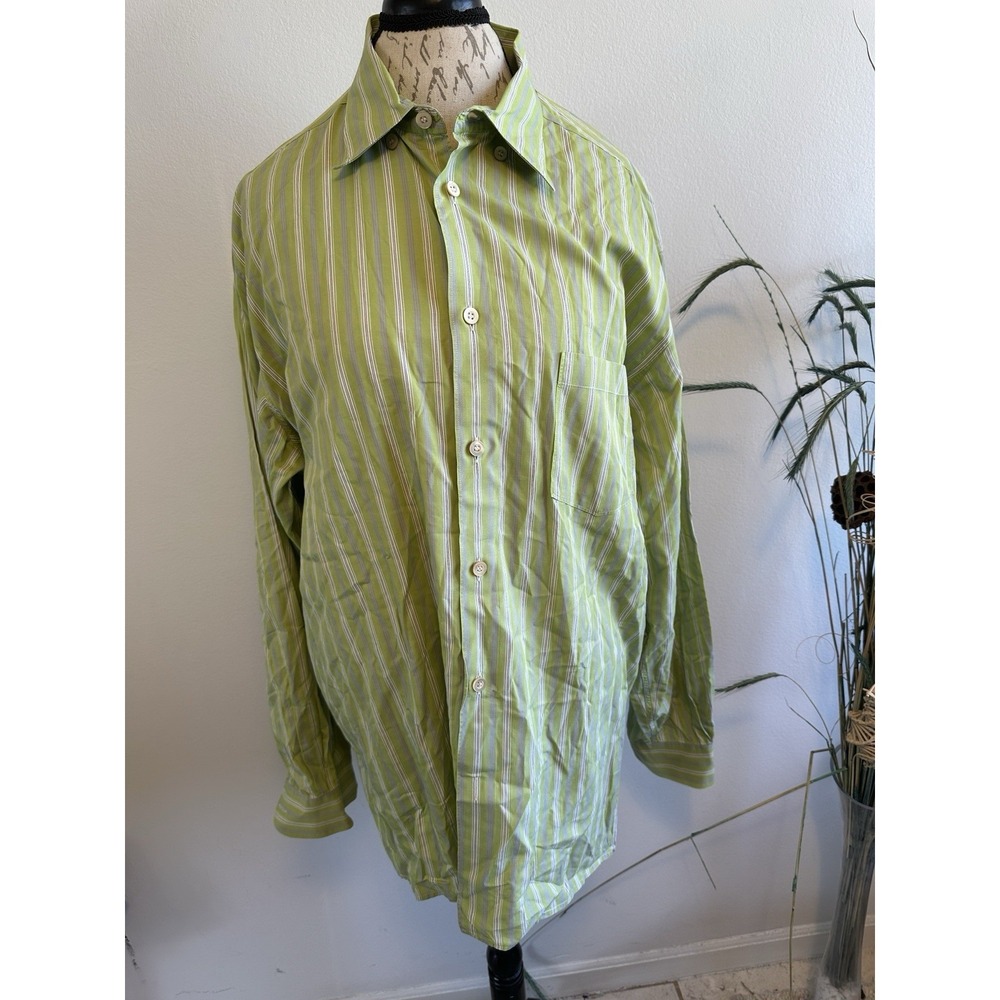 Ermenegildo Zegna Men's Cotton Green Striped Dress‎ Shirt Size Xl